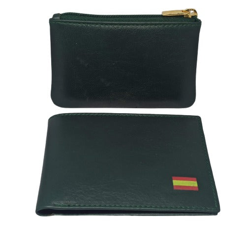 CARTERA + MONEDERO DE PIEL. VERDE. PACK