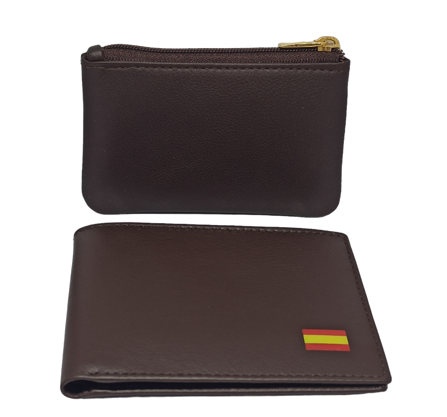 CARTERA + MONEDERO DE PIEL. MARRÓN. PACK